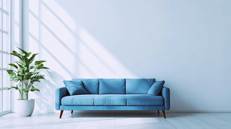 A clean, minimal living room with a bright blue sofa against a white backdropの素材