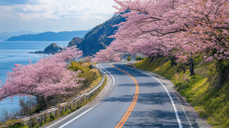 A scenic coastal road in Japan with cherry blossoms lining the route, offering a picturesque spring driveの素材