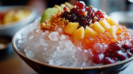 A close-up of patbingsu (shaved ice dessert) topped with red beans, fruit, and condensed milk, perfect for a hot dayの素材