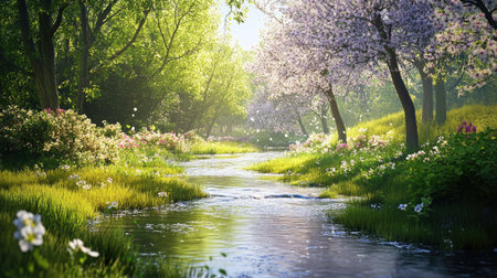 A peaceful scene of a stream flowing through a meadow, surrounded by blossoming trees and lush greeneryの素材