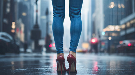 Close-up of a woman legs in skinny jeans and high heels, city background, fashionable and chicの素材