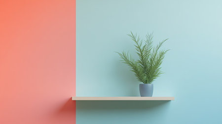 A pastel-colored wall with a single, minimalist shelf holding a green plantの素材