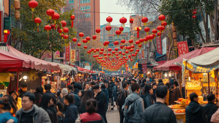 A bustling Lunar New Year street festival with food stalls, games, and performances, capturing the festive atmosphereの素材
