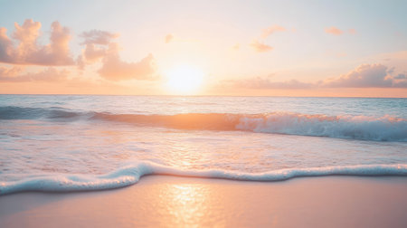 A soft-focus image of a beach at sunset, with warm tones and gentle waves, creating a serene background.の素材