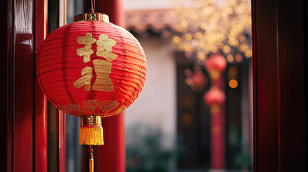 A close-up of a red lantern with golden Chinese characters, hanging in a doorway to welcome the Lunar New Yearの素材