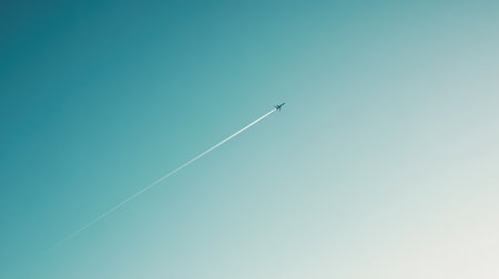 A clear sky with a single airplane contrail stretching across the horizon, signifying travel and adventure.の素材