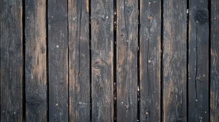 Top view of a wooden deck with weathered boards, showcasing natural wear and tear, creating a rugged and authentic backgroundの素材