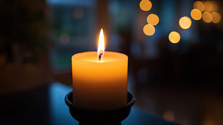 A white candle burning in a black candle holder, with soft light flickering -の素材