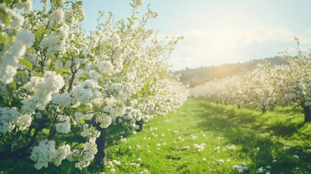 A picturesque view of a blooming orchard with fruit trees in full blossom under a clear, sunny skyの素材