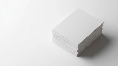 Bright white background with a neat stack of business cards, placed slightly askewの素材