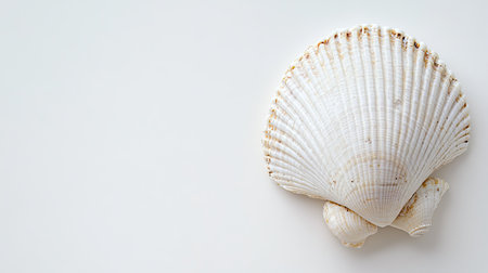 Bright white background with a single seashell, placed neatly in the center with subtle shadowingの素材
