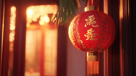 A close-up of a red lantern with golden Chinese characters, hanging in a doorway to welcome the Lunar New Yearの素材