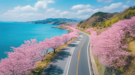 A scenic coastal road in Japan with cherry blossoms lining the route, offering a picturesque spring driveの素材