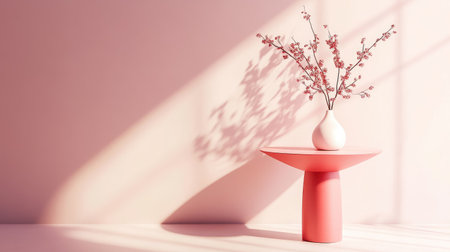 A simple, pastel-colored table with a bold red centerpiece in a minimal settingの素材
