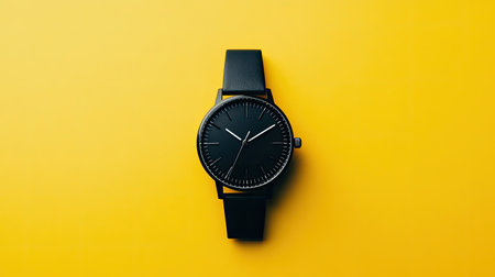 Minimalist yellow background with a sleek black watch, placed neatly and stylishlyの素材