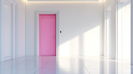 A striking pink door set in a minimalist, white hallway with clean linesの素材