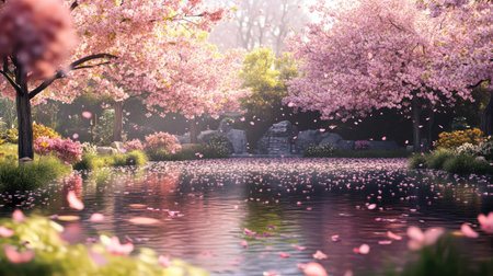 A serene park scene with a pond surrounded by cherry blossoms, with petals gently falling on the waterの素材