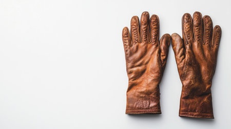 Minimalist white background with a pair of leather gloves, neatly placed side by sideの素材