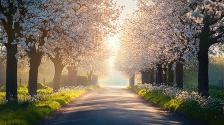 A picturesque scene of a country road lined with blossoming trees, leading to a bright, sunny horizonの素材