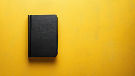 Minimalist golden background featuring a single black notebook, positioned neatly and shadowedの素材
