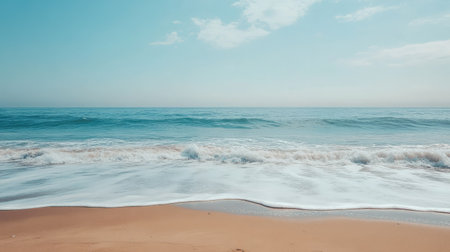 A serene beach with light blue waves gently lapping at the shore under a clear skyの素材