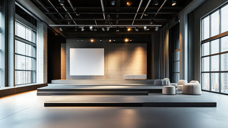 A modern event space with minimalist decor, sleek furniture, and a stage ready for a product launchの素材