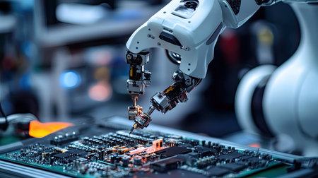 A close-up of a robotic gripper picking up delicate electronic parts, demonstrating precision in mechatronicsの素材