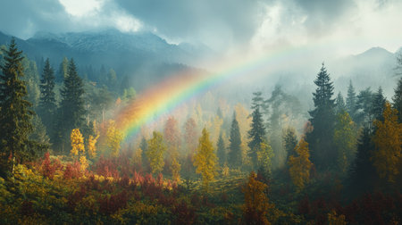 A hyper-real shot of a rainbow over a forest, with exaggeratedly vibrant colors and an almost surreal atmosphereの素材