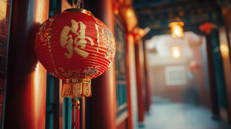 A close-up of a red lantern with golden Chinese characters, hanging in a doorway to welcome the Lunar New Yearの素材
