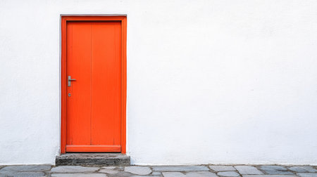 A vibrant orange door set against a clean, white wall in a minimalist designの素材