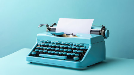 A light blue vintage typewriter with a blank sheet of paper inserted, placed on a desk -の素材