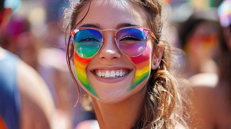 A close-up of a rainbow face paint, with a person smiling proudly at a lively Pride eventの素材