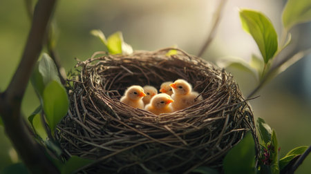 A close-up of a bird nest with newly hatched chicks, symbolizing new beginnings in the spring seasonの素材