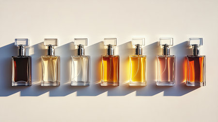 Set of elegant perfume bottles arranged in a row on a white background, with shadows softly diffusedの素材