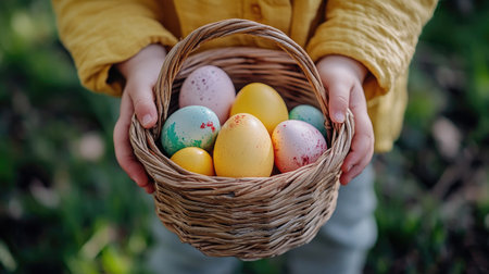 A close-up of a child's hands holding a basket filled with freshly gathered Easter eggs, with a big smile on their faceの素材