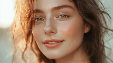 Close-up of a woman with clear, glowing skin, minimal makeup, soft focus, gentle smile, warm lightの素材