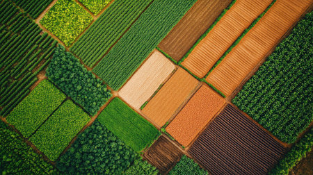 Aerial view of a thriving farmland, symbolizing the importance of sustainable agriculture on World Food Dayの素材