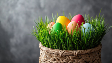 A close-up of a woven basket filled with fresh green grass and colorful eggs, ready for an Easter egg huntの素材