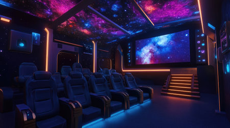 A virtual cinema with floating seats, a holographic screen, and a starry digital ceilingの素材