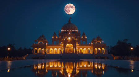 A beautifully lit temple with the full moon overhead, a spiritual symbol of Sharad Purnimaの素材