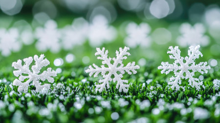 White snowflakes on green background, winter holiday theme, festive and cheerful, close-upの素材