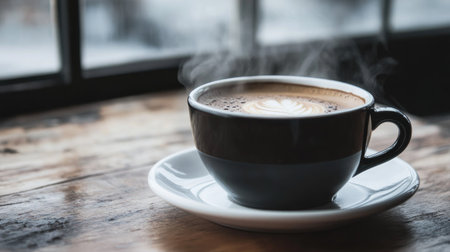 A black coffee cup placed on a white saucer, with steam rising into the airの素材