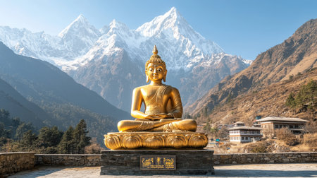 Golden Buddha statue in a remote Himalayan monastery, snow-capped mountains in the background, clear sky, sereneの素材