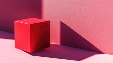 A bright red cube casting a shadow on a minimalist, pastel pink surfaceの素材