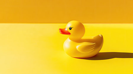 Yellow background with a single yellow rubber duck, centered and casting a soft shadowの素材