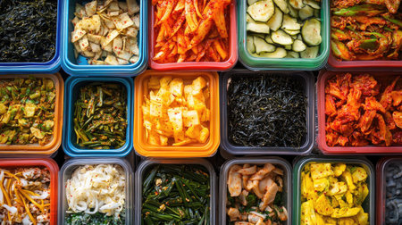 A vibrant Korean food stall selling an array of banchan, from pickled radish to marinated seaweed, in colorful traysの素材