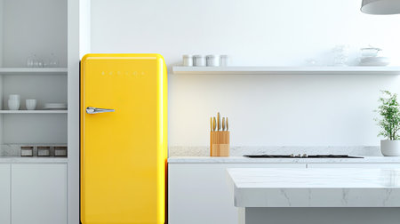 A minimalist kitchen with a single, bright yellow appliance on a clean countertopの素材