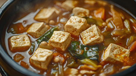 A close-up of doenjang jjigae (fermented soybean stew) with tofu, vegetables, and a rich, savory brothの素材