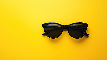 Minimalist yellow background featuring a pair of black sunglasses, perfectly positioned and stylishの素材