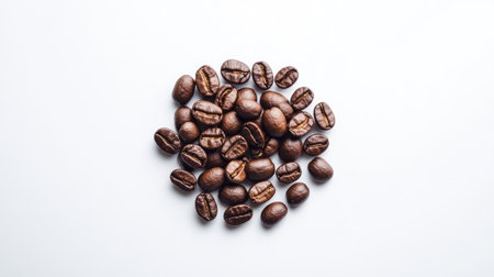 Bright white background with a small pile of roasted coffee beans, placed neatly in the centerの素材